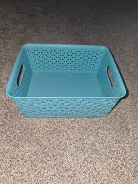 Teal Plastic Storage Basket Organizer w/ Handles Small Woven Style
